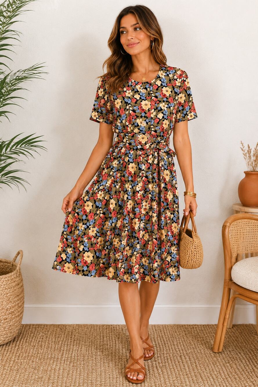 Vintage E.D. Michaels Petite Floral Belted Midi Dress
